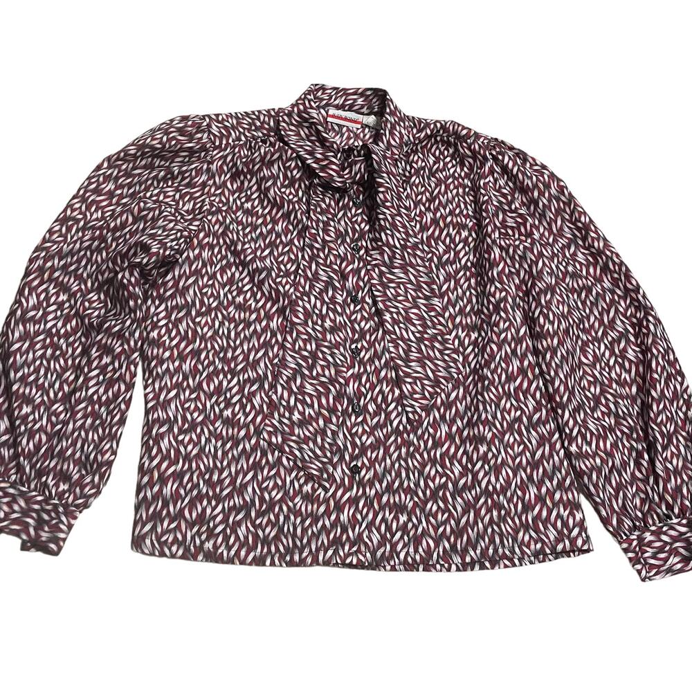 VTG Judy Bond Button Shirt Womens Sz 16 Pussybow Front Bow Puff Sleeve Patterned